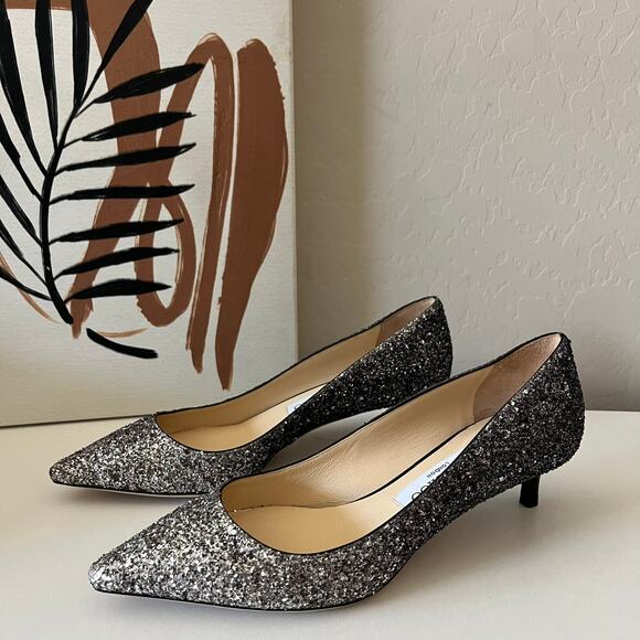 Jimmy Choo Romy Silver Glitter Pointed Toe Slip On Kitten Heel Pumps Size 37 - Picture 4 of 9